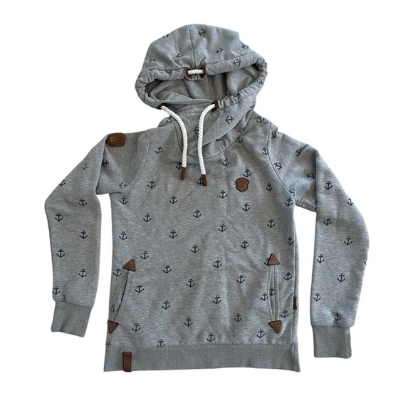 Naketano Grey Cowl Neck Hoodie - Size Large - Nautical Anchor Print Sweater - L - Picture 1 of 14